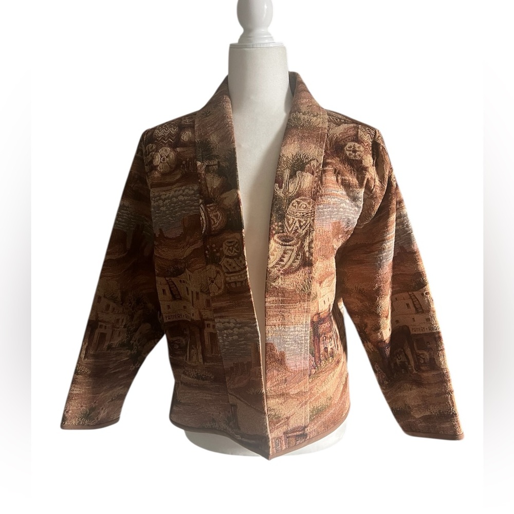 Vintage or Handmade Woven Tapestry Open-Front Jacket - Brown